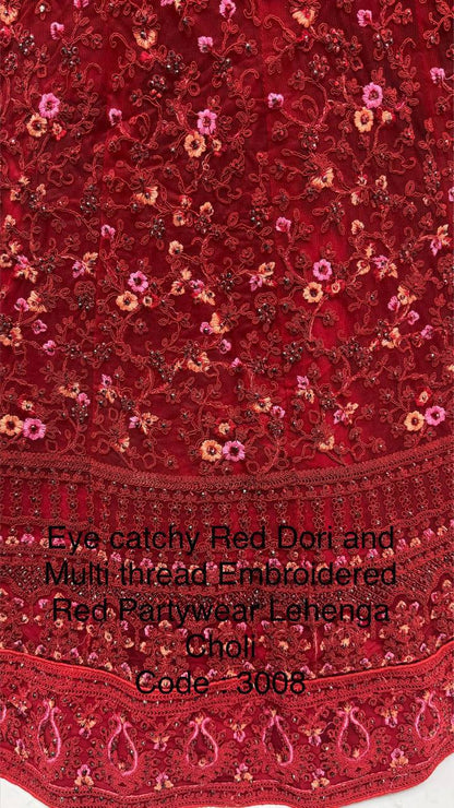 Premium Red Net Lehenga Choli – Dori & Multi‑Thread Embroidery