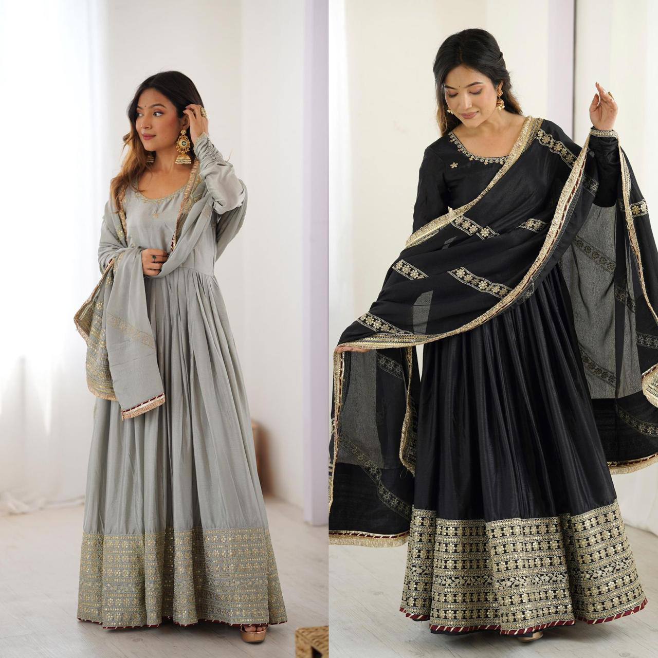 Premium Chinon Silk Gown, Pant & Dupatta – Thread & Sequins Embroidery Work