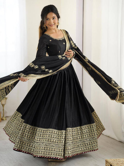 Premium Chinon Silk Gown, Pant & Dupatta – Thread & Sequins Embroidery Work