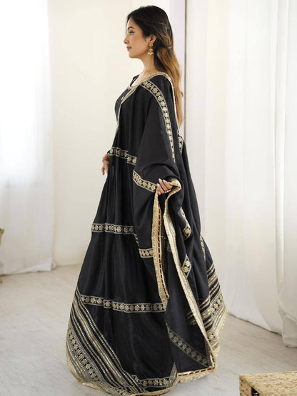 Premium Chinon Silk Gown, Pant & Dupatta – Thread & Sequins Embroidery Work