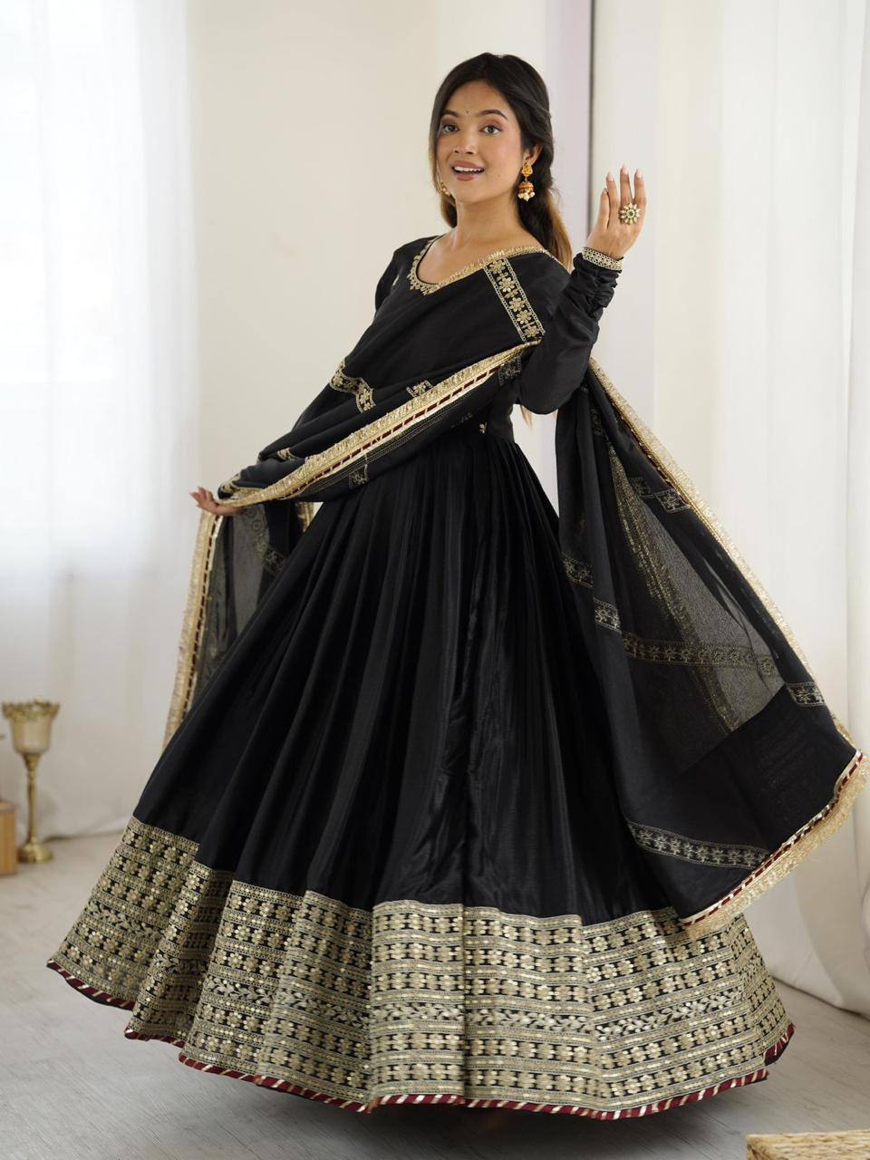 Premium Chinon Silk Gown, Pant & Dupatta – Thread & Sequins Embroidery Work