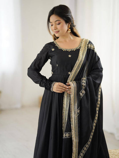 Premium Chinon Silk Gown, Pant & Dupatta – Thread & Sequins Embroidery Work