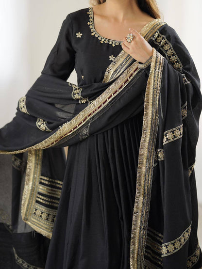 Premium Chinon Silk Gown, Pant & Dupatta – Thread & Sequins Embroidery Work