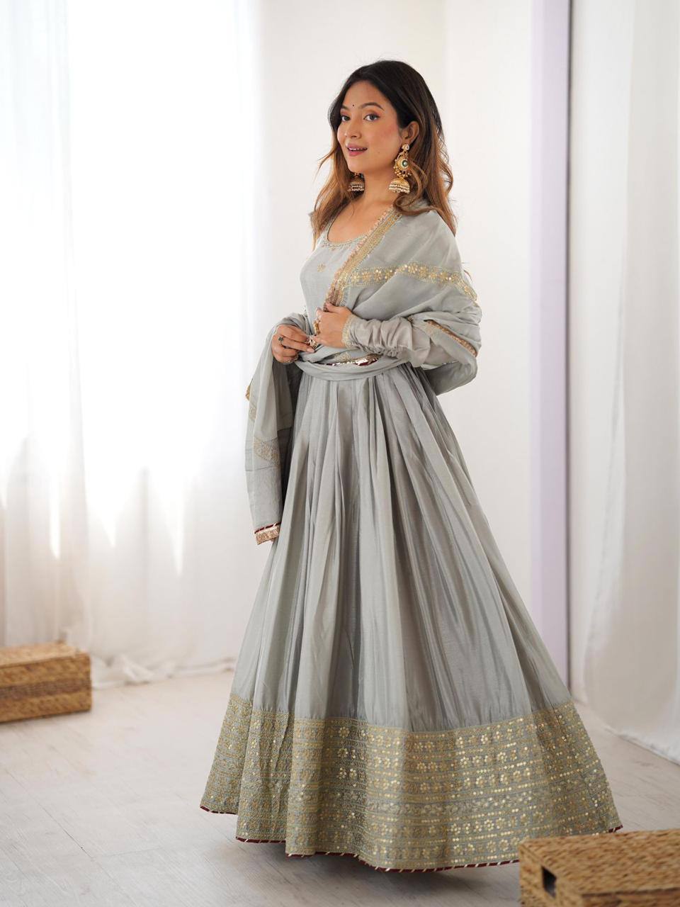 Premium Chinon Silk Gown, Pant & Dupatta – Thread & Sequins Embroidery Work