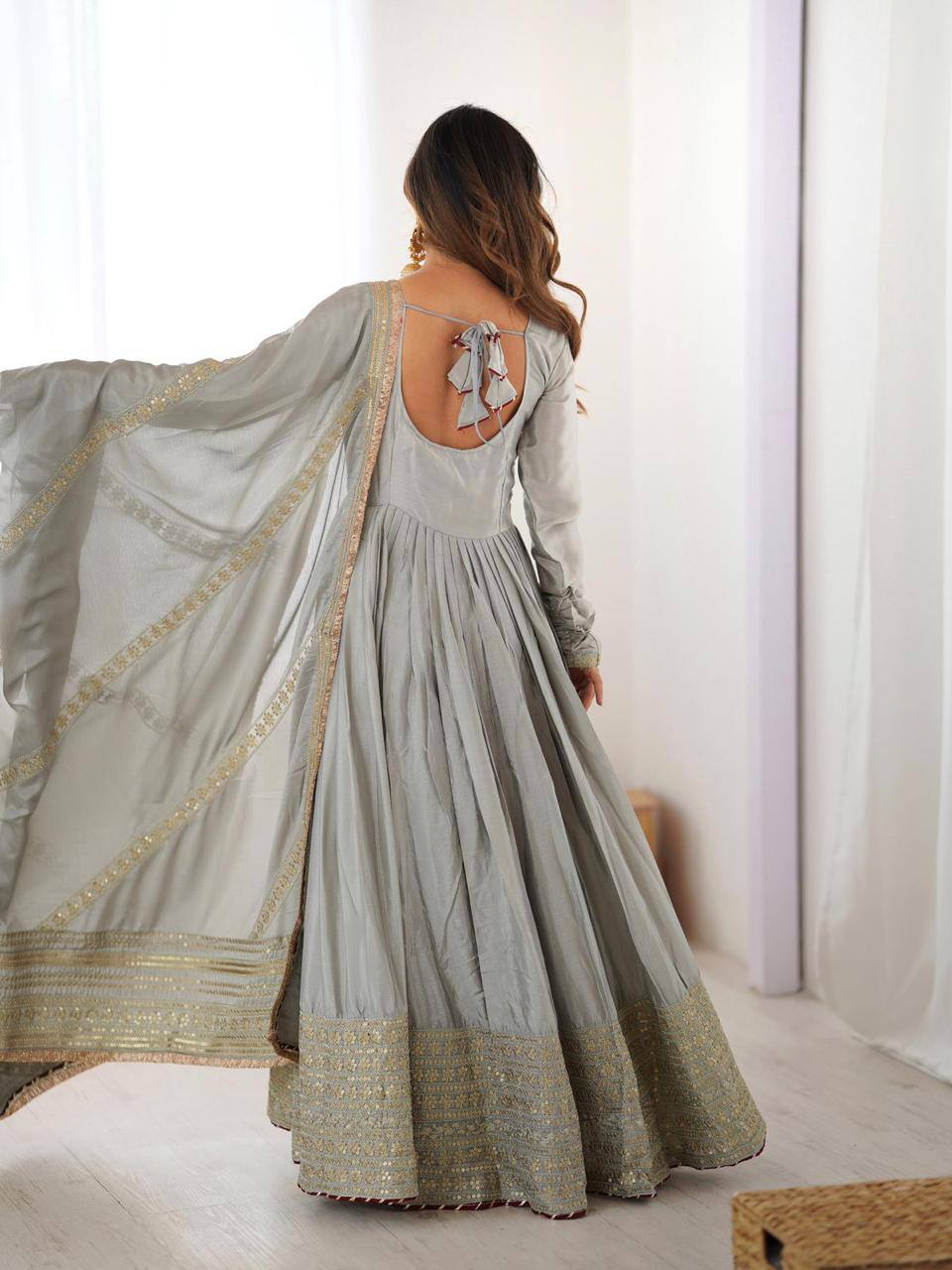 Premium Chinon Silk Gown, Pant & Dupatta – Thread & Sequins Embroidery Work