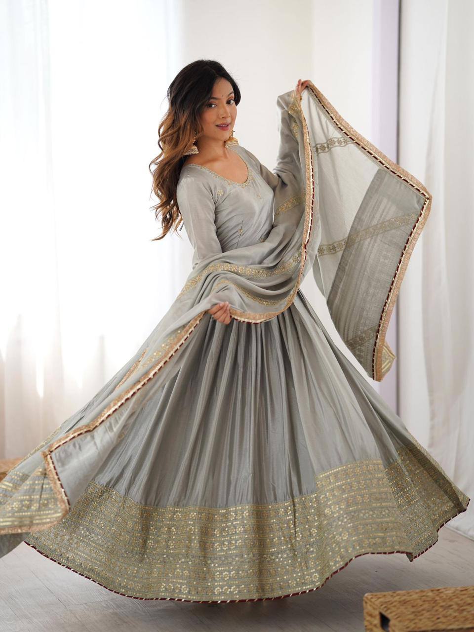 Premium Chinon Silk Gown, Pant & Dupatta – Thread & Sequins Embroidery Work