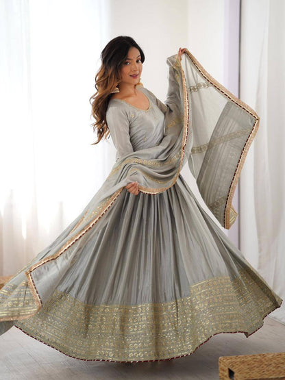 Premium Chinon Silk Gown, Pant & Dupatta – Thread & Sequins Embroidery Work