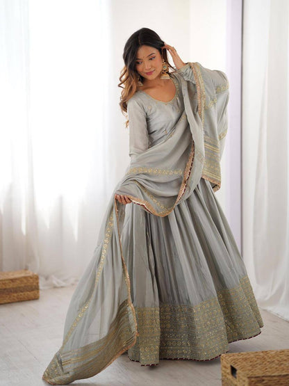Premium Chinon Silk Gown, Pant & Dupatta – Thread & Sequins Embroidery Work