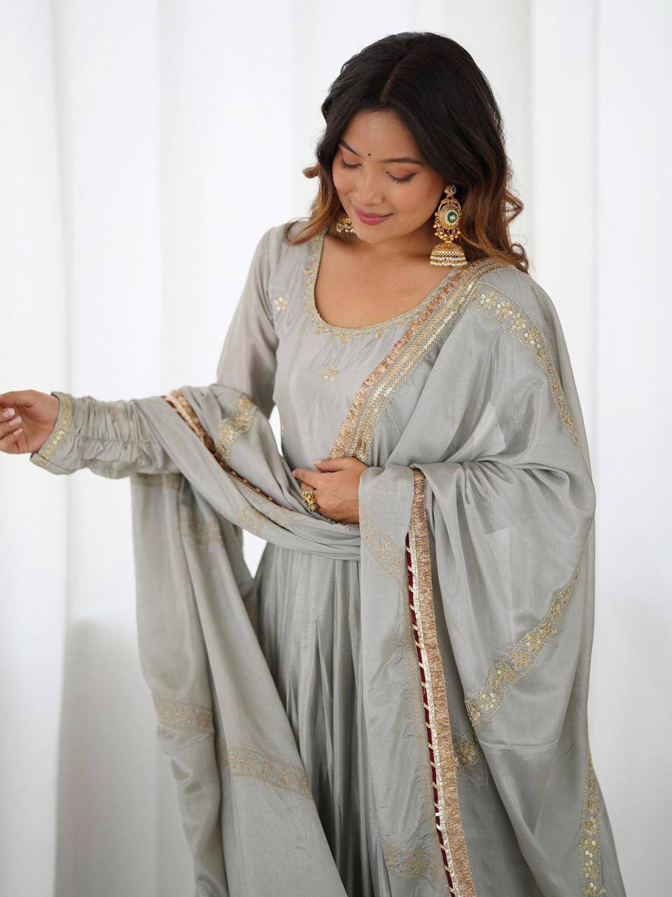 Premium Chinon Silk Gown, Pant & Dupatta – Thread & Sequins Embroidery Work