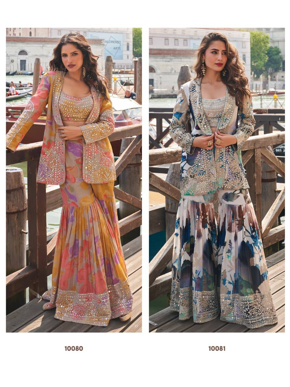 Premium Chinon Silk Jacket, Blouse & Gharara – Heavy Embroidery
