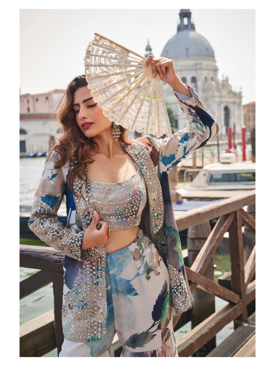 Premium Chinon Silk Jacket, Blouse & Gharara – Heavy Embroidery