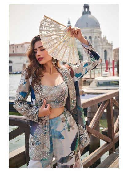 Premium Chinon Silk Jacket, Blouse & Gharara – Heavy Embroidery