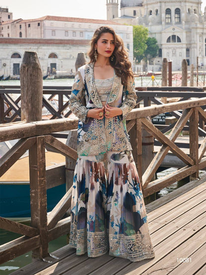 Premium Chinon Silk Jacket, Blouse & Gharara – Heavy Embroidery
