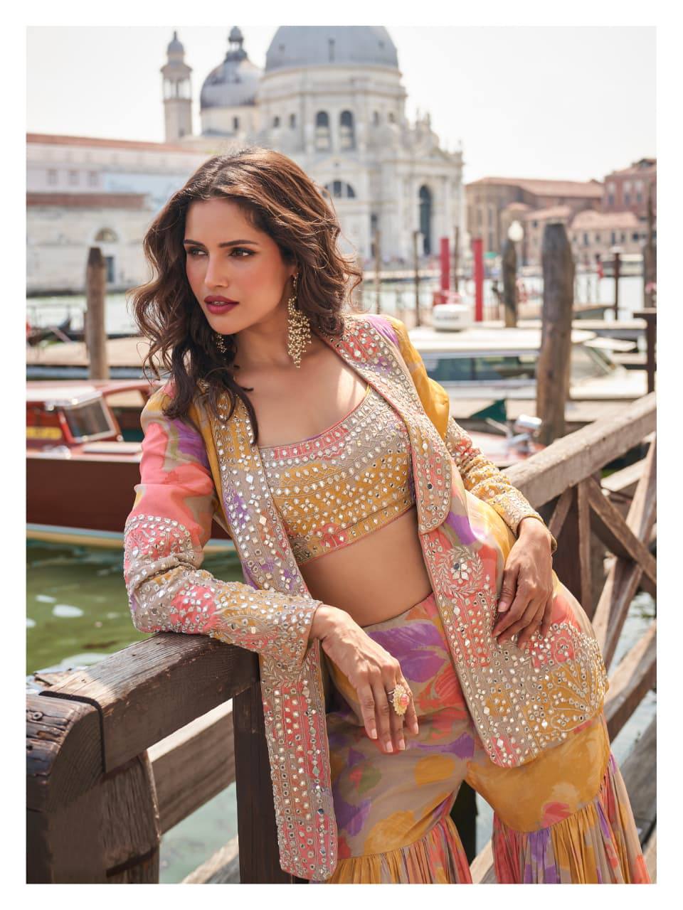 Premium Chinon Silk Jacket, Blouse & Gharara – Heavy Embroidery
