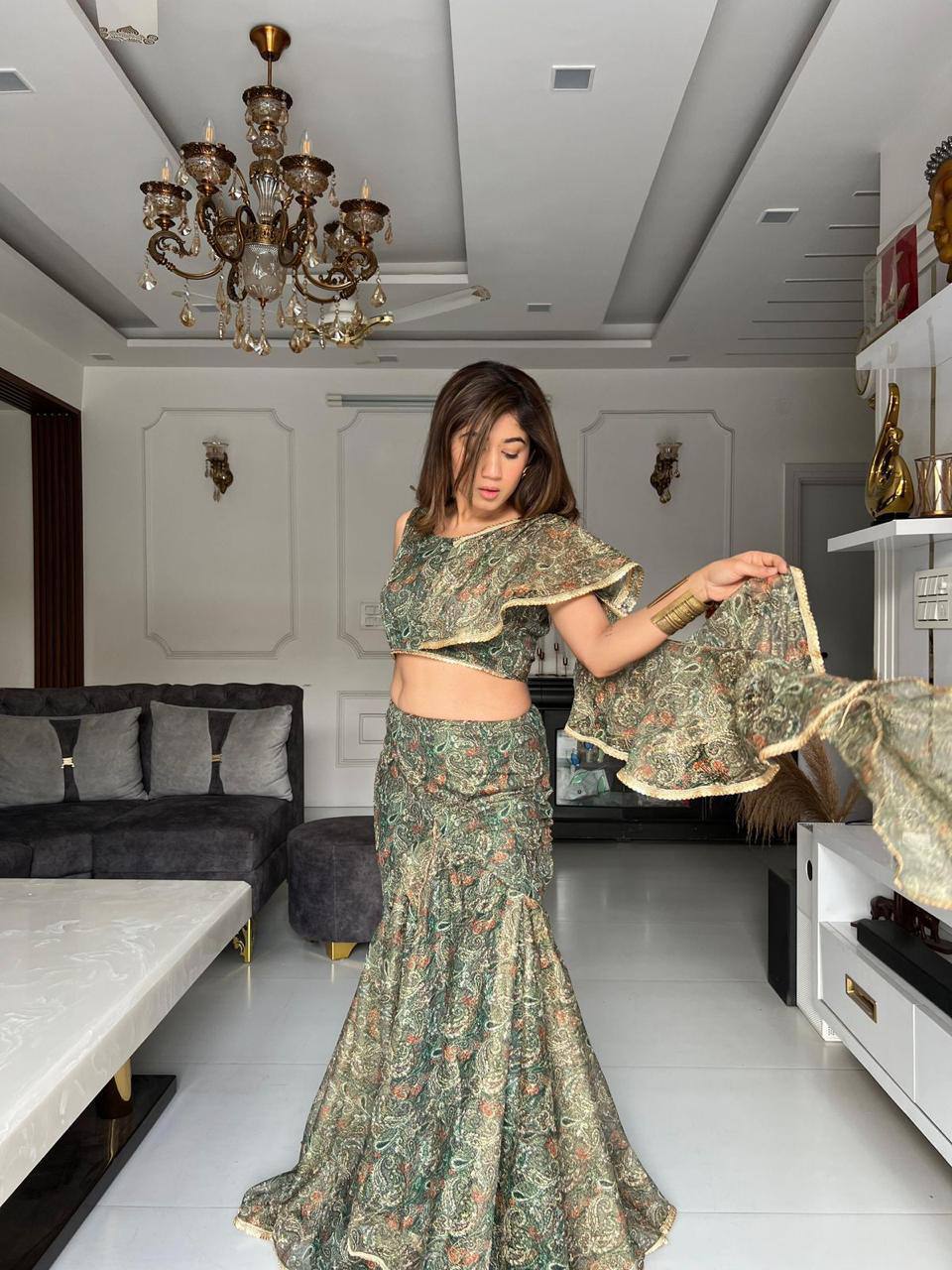 Premium Sparkle Fabric Fish‑Cut Lehenga Set