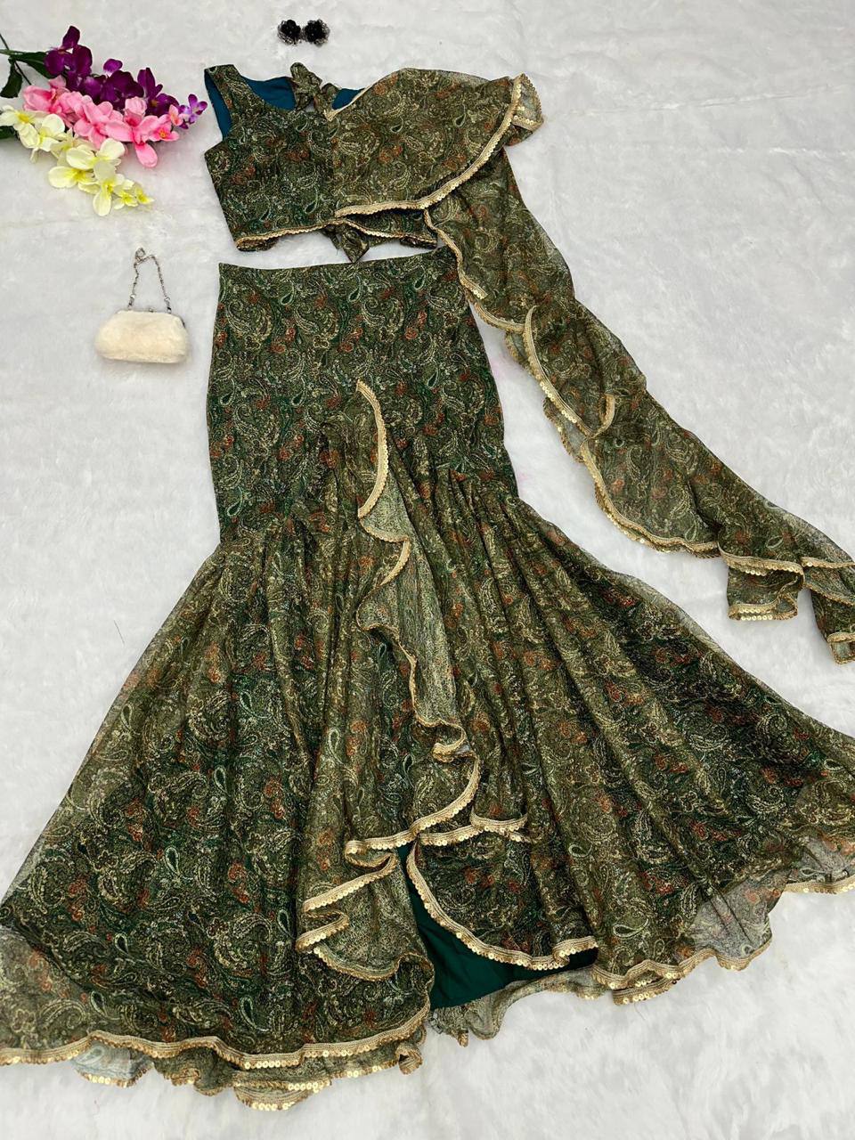 Premium Sparkle Fabric Fish‑Cut Lehenga Set