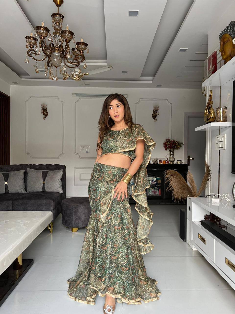 Premium Sparkle Fabric Fish‑Cut Lehenga Set