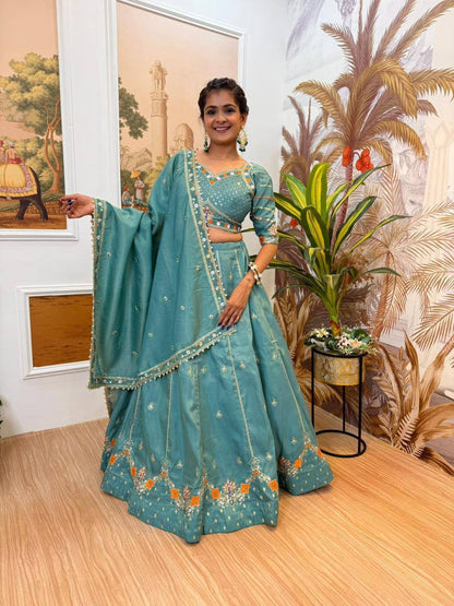 Premium Shimmer Fabric Lehenga‑Blouse‑Dupatta Set
