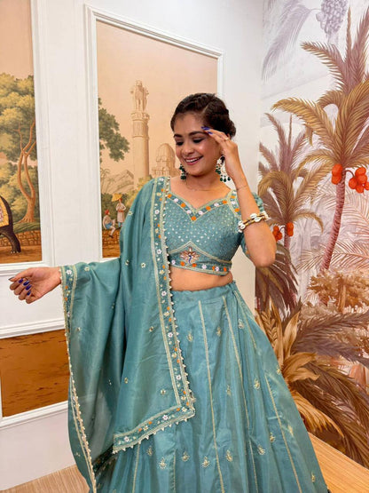 Premium Shimmer Fabric Lehenga‑Blouse‑Dupatta Set