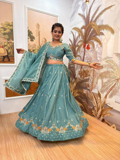 Premium Shimmer Fabric Lehenga‑Blouse‑Dupatta Set