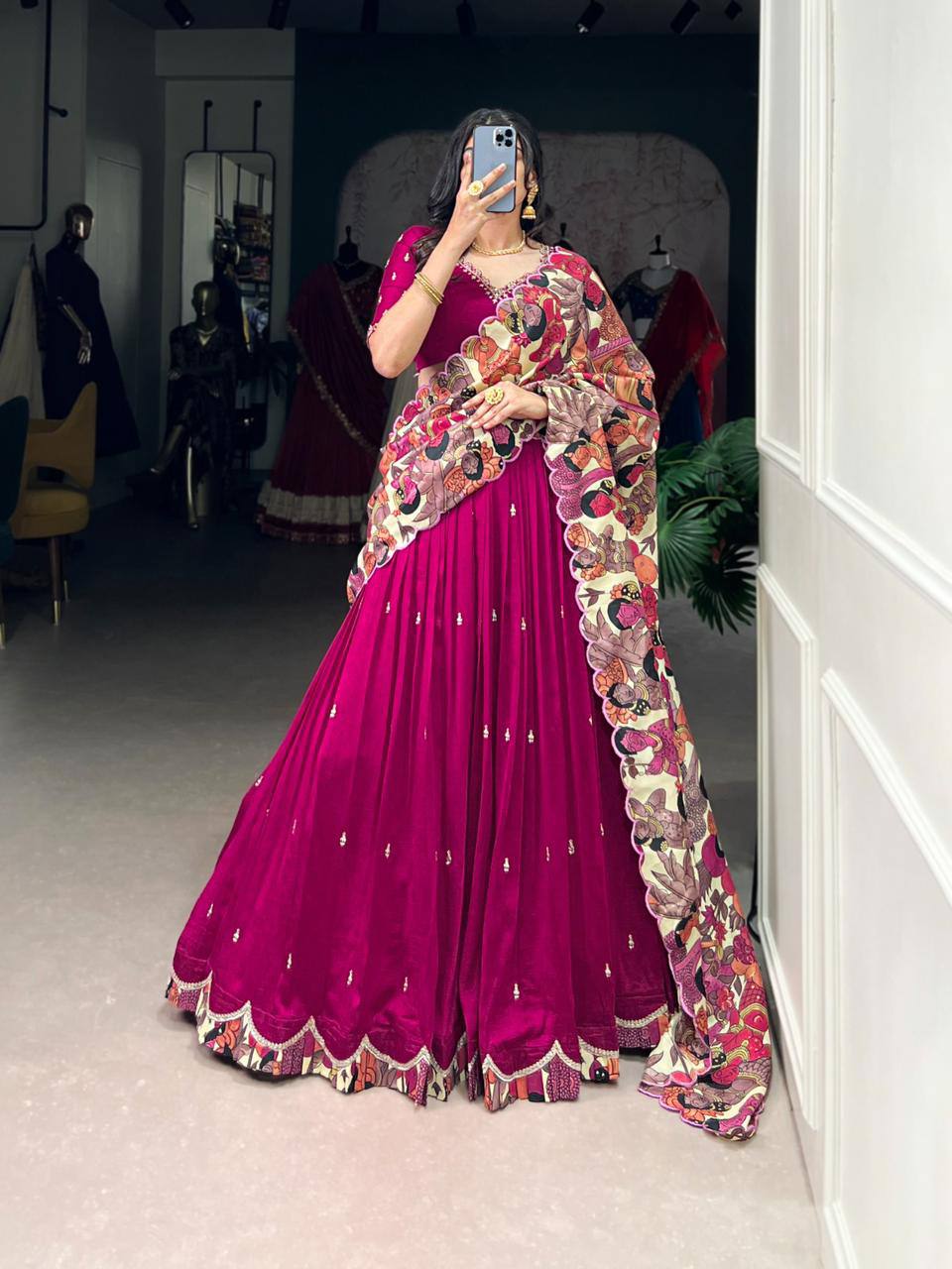 Premium Vichitra Silk Lehenga‑Choli‑Dupatta Set – Sequins &amp; Thread Embroidery