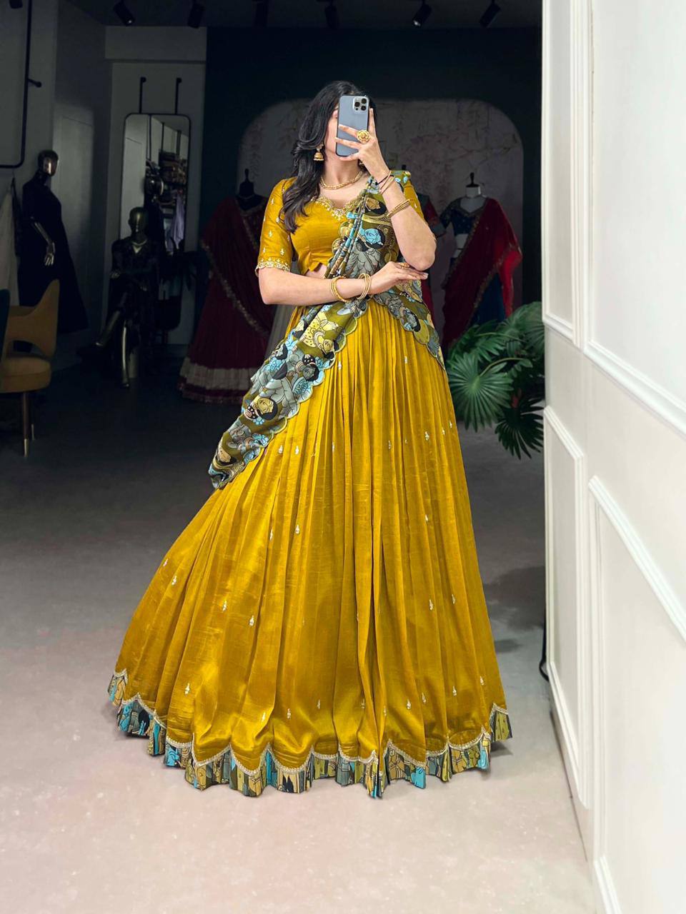 Premium Vichitra Silk Lehenga‑Choli‑Dupatta Set – Sequins &amp; Thread Embroidery