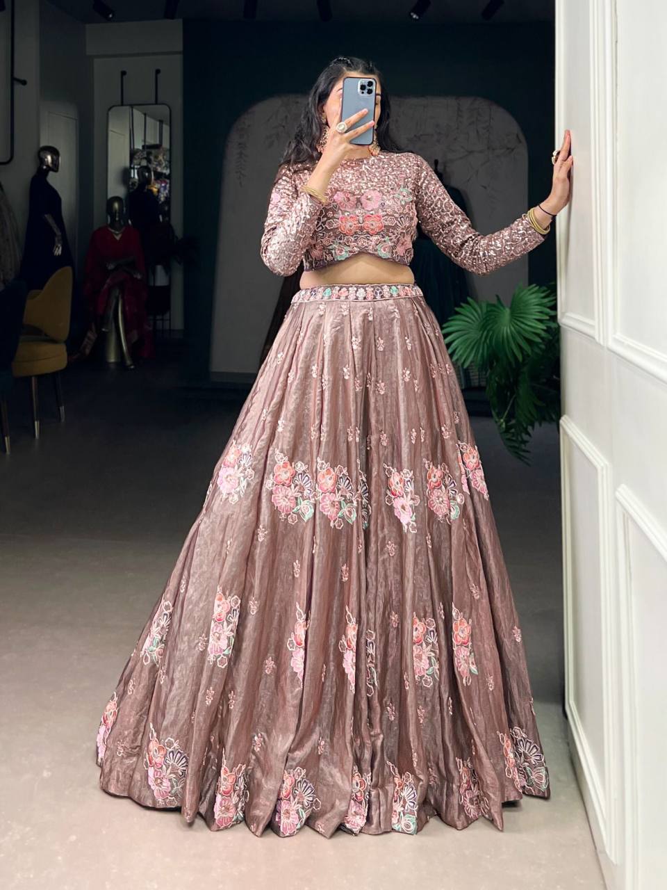 Premium Fendi Fabric Co‑ord Lehenga Set – Sequins &amp; Thread Embroidery