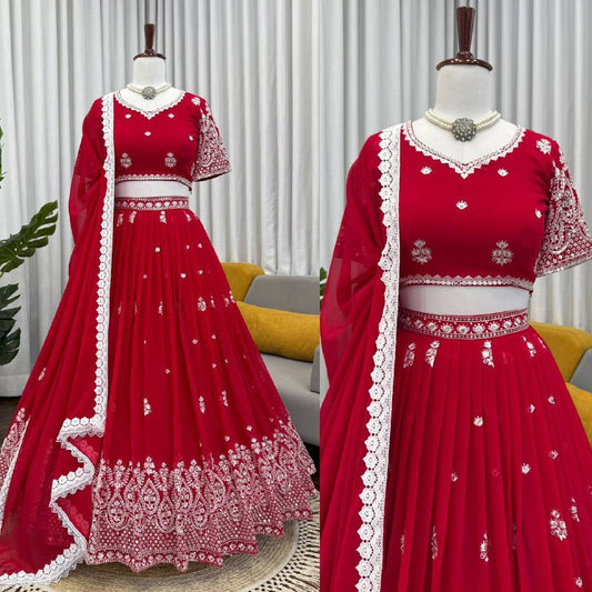 Premium Faux Georgette Lehenga‑Blouse‑Dupatta Set – Heavy Thread & Sequins