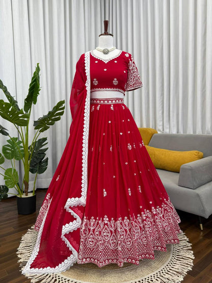 Premium Faux Georgette Lehenga‑Blouse‑Dupatta Set – Heavy Thread & Sequins