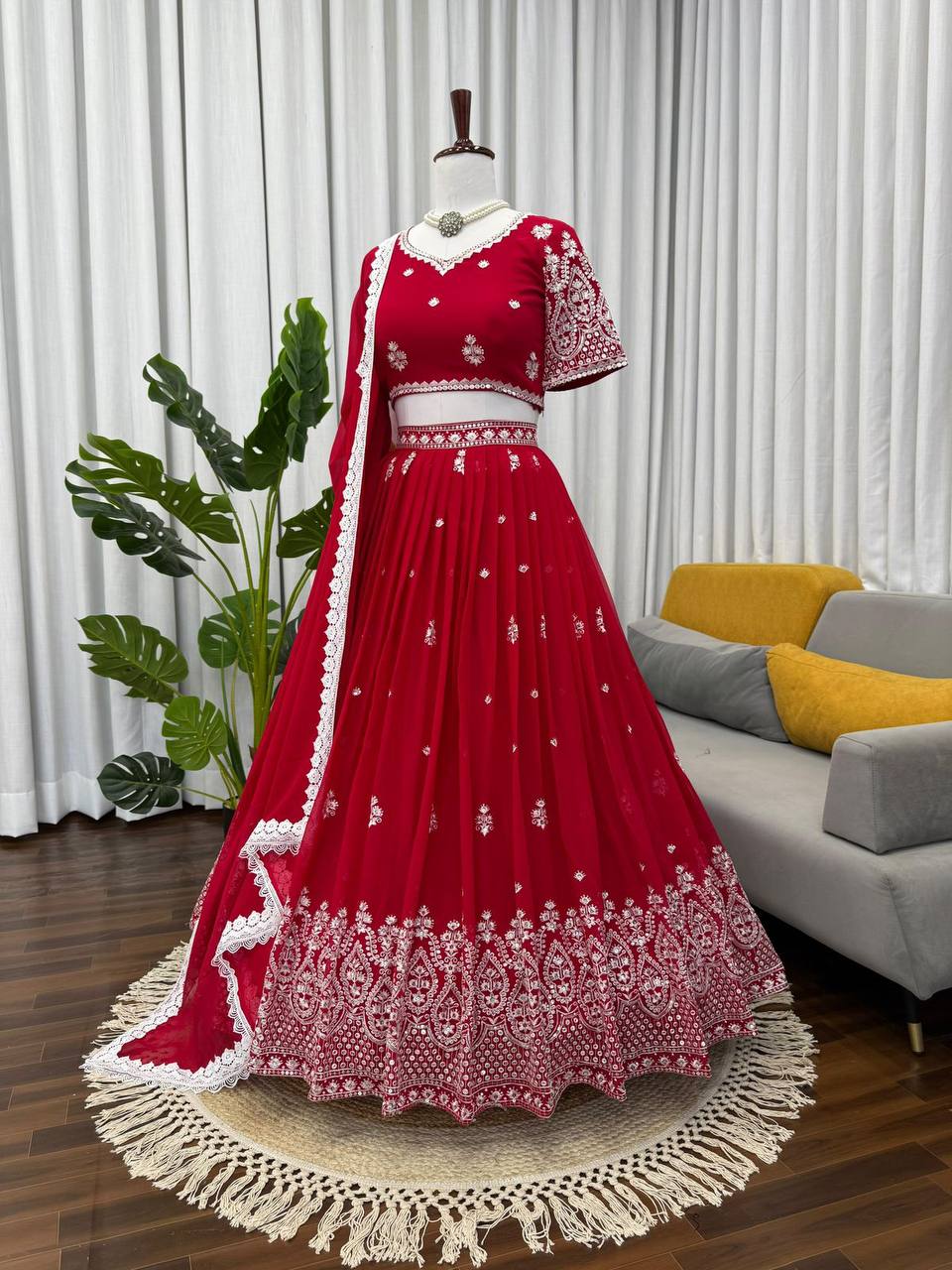 Premium Faux Georgette Lehenga‑Blouse‑Dupatta Set – Heavy Thread & Sequins