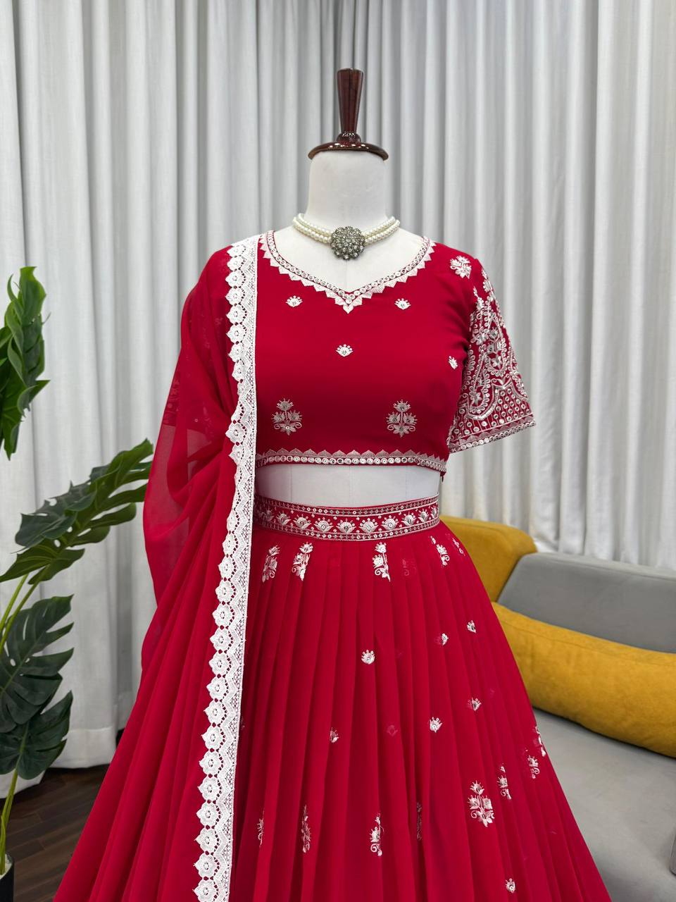 Premium Faux Georgette Lehenga‑Blouse‑Dupatta Set – Heavy Thread & Sequins
