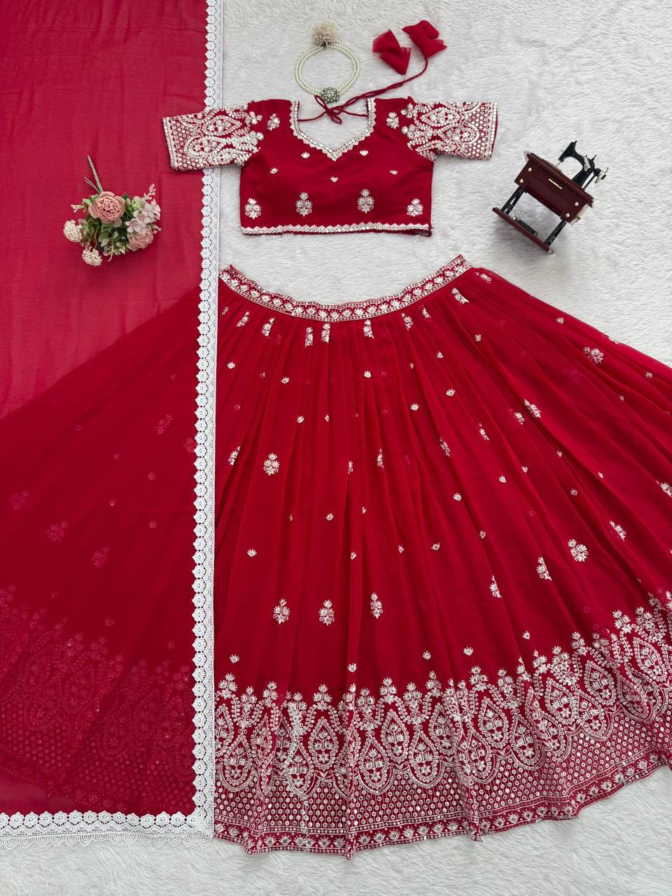 Premium Faux Georgette Lehenga‑Blouse‑Dupatta Set – Heavy Thread & Sequins
