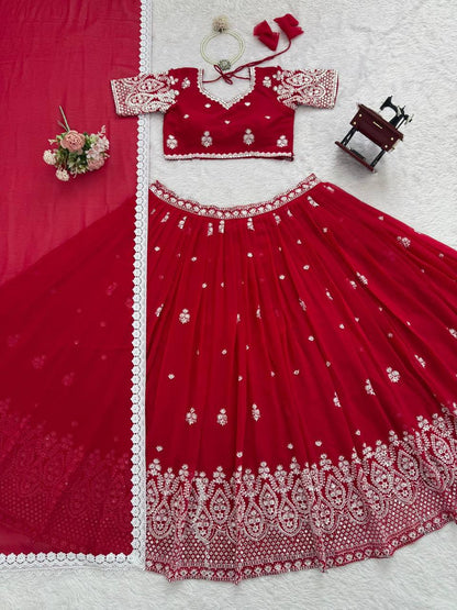 Premium Faux Georgette Lehenga‑Blouse‑Dupatta Set – Heavy Thread & Sequins