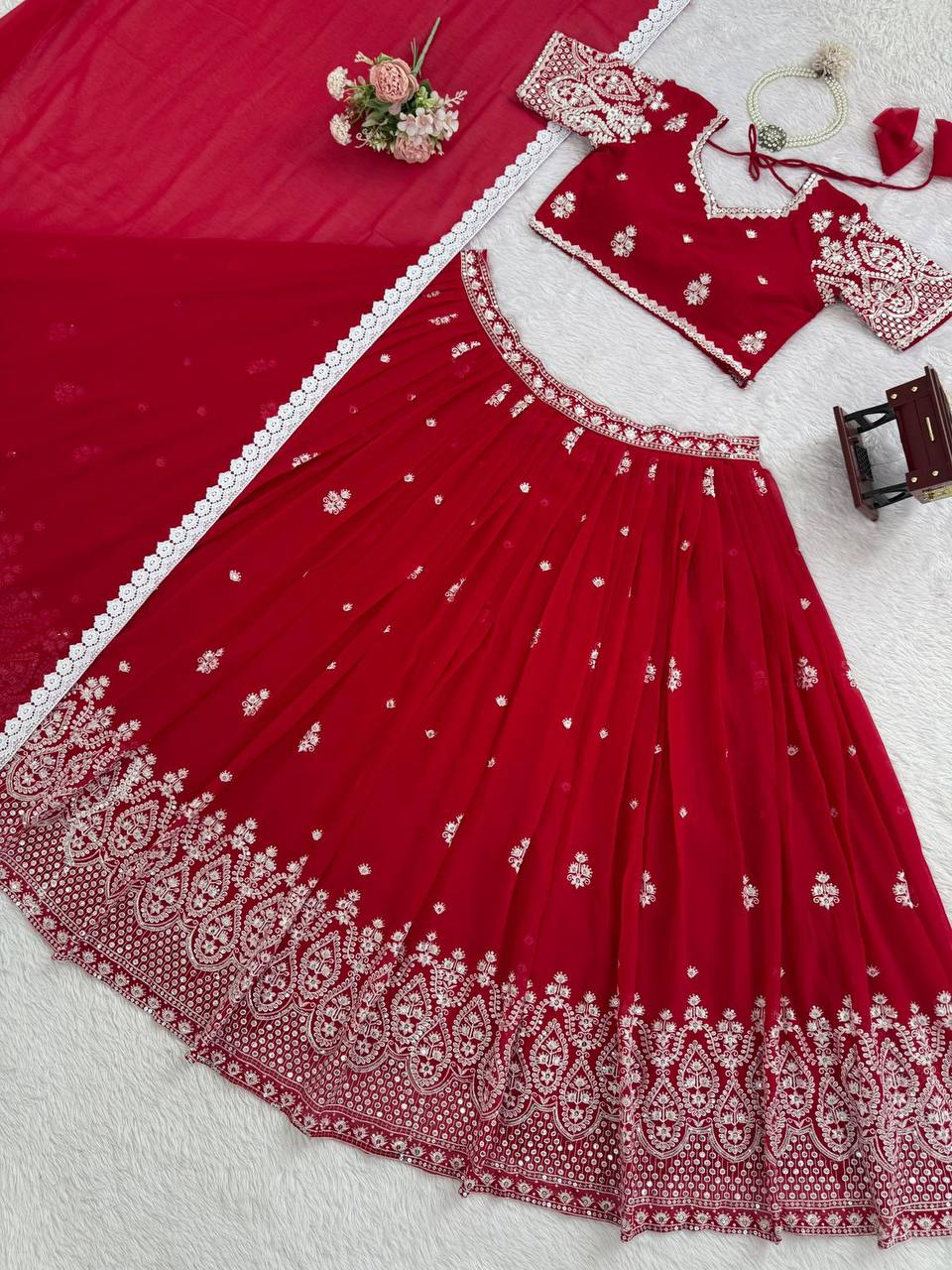 Premium Faux Georgette Lehenga‑Blouse‑Dupatta Set – Heavy Thread & Sequins