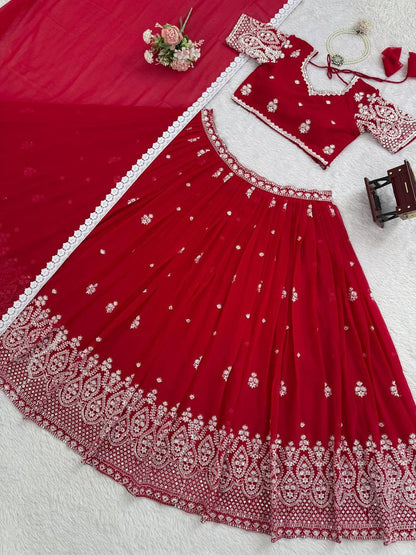 Premium Faux Georgette Lehenga‑Blouse‑Dupatta Set – Heavy Thread & Sequins