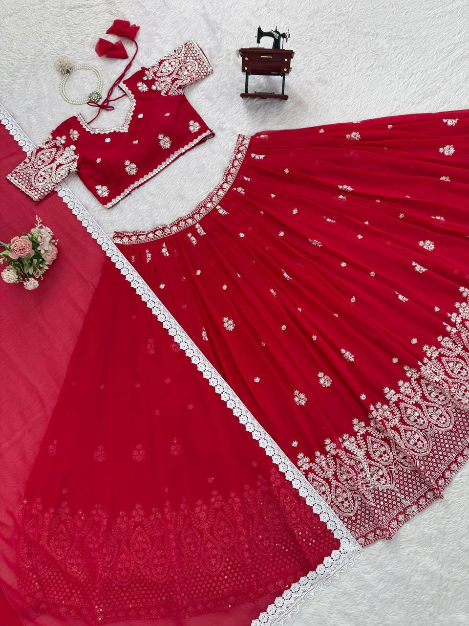 Premium Faux Georgette Lehenga‑Blouse‑Dupatta Set – Heavy Thread & Sequins