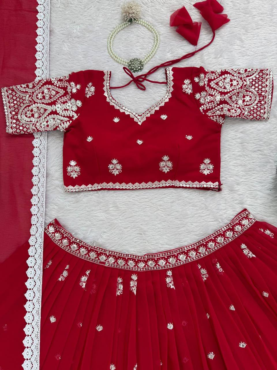Premium Faux Georgette Lehenga‑Blouse‑Dupatta Set – Heavy Thread & Sequins