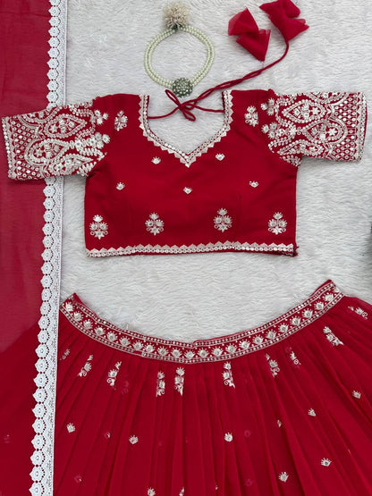 Premium Faux Georgette Lehenga‑Blouse‑Dupatta Set – Heavy Thread & Sequins