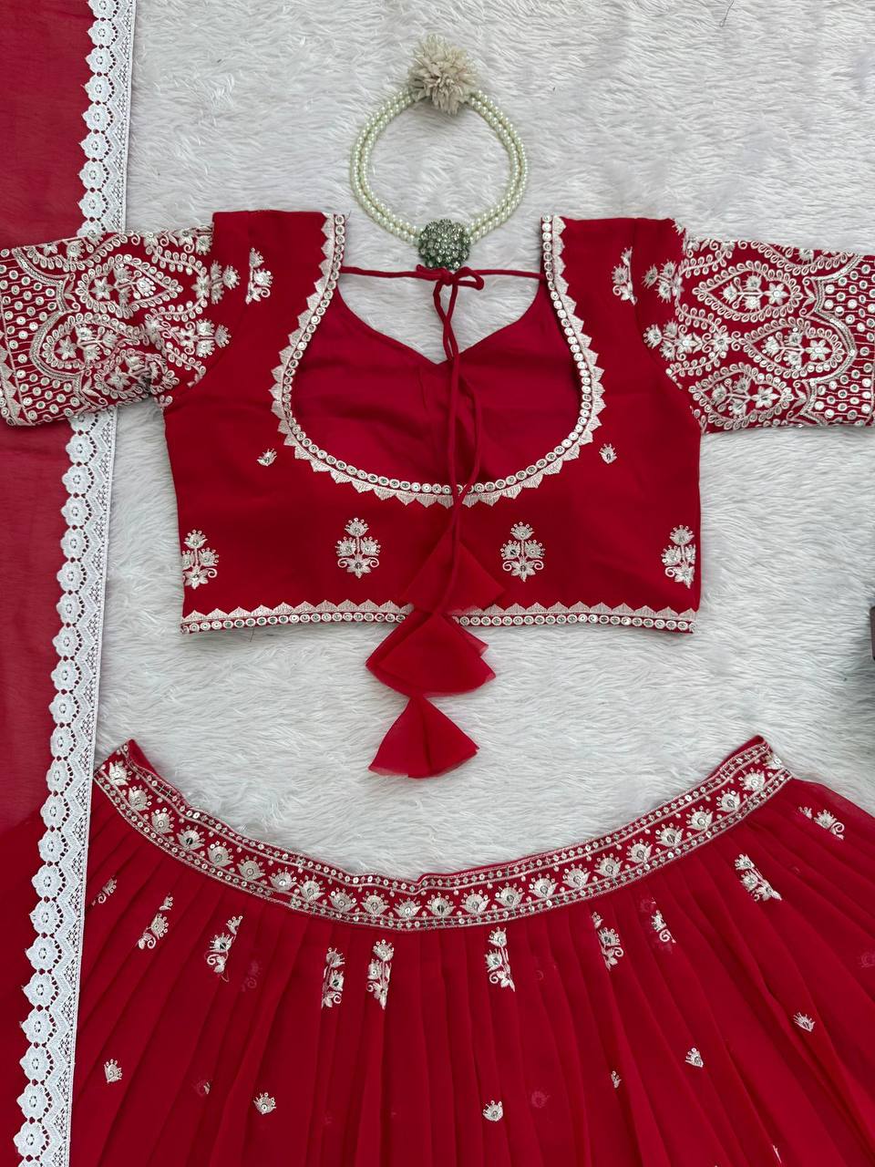 Premium Faux Georgette Lehenga‑Blouse‑Dupatta Set – Heavy Thread & Sequins