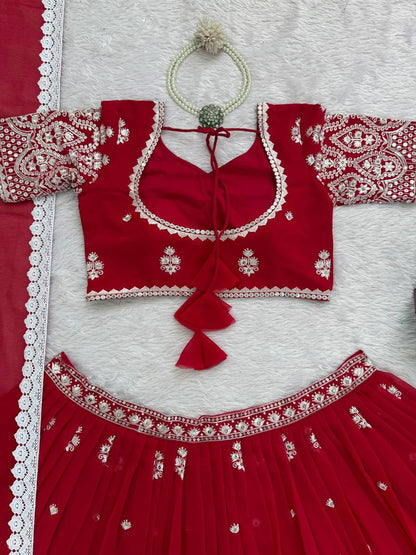 Premium Faux Georgette Lehenga‑Blouse‑Dupatta Set – Heavy Thread & Sequins