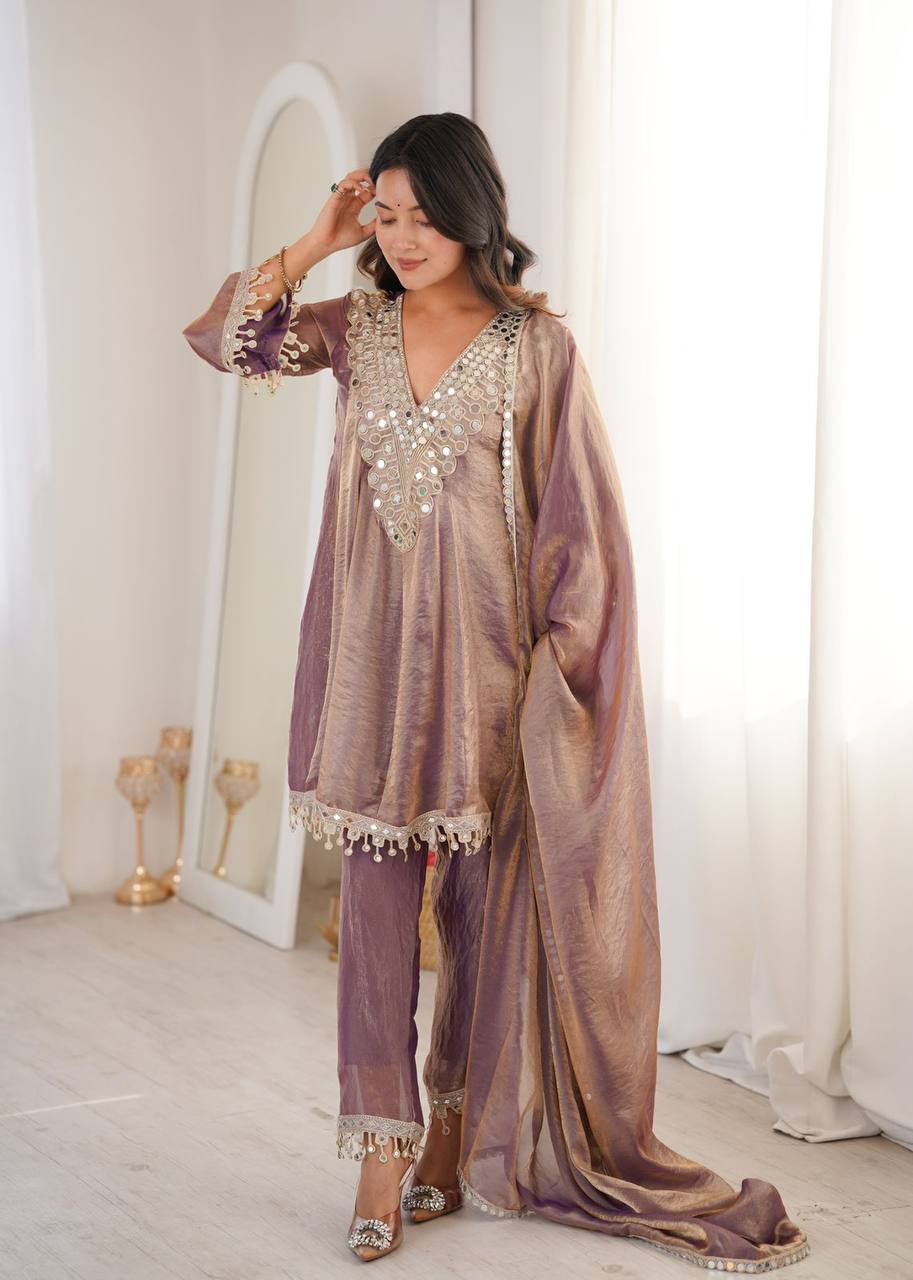 Premium Fendy Fabric Kurti Pant Dupatta Set – Real Mirror & Coding Embroidery Work