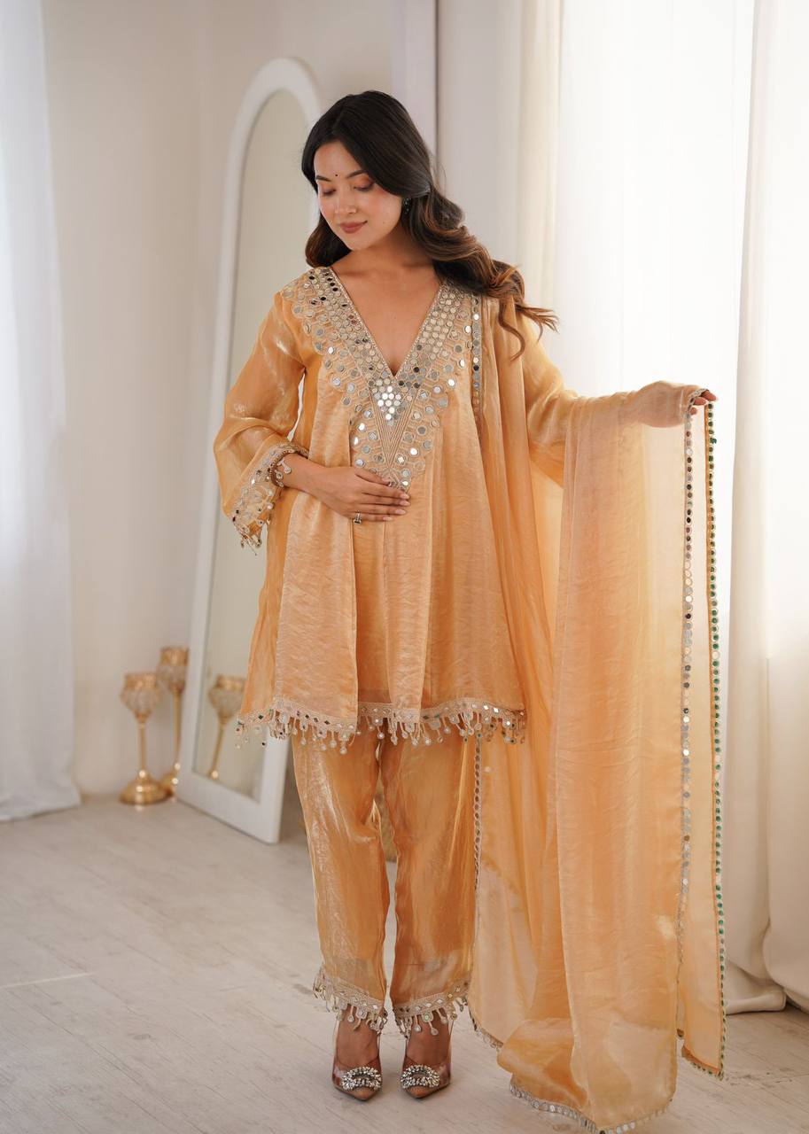 Premium Fendy Fabric Kurti Pant Dupatta Set – Real Mirror & Coding Embroidery Work