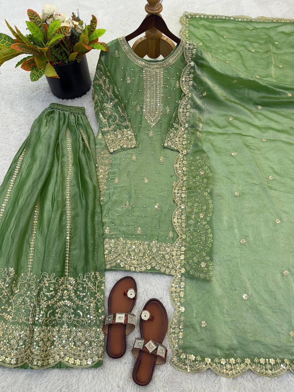 Premium Fendy Silk Ethnic Set – Embroidery Coding & Sequins Work