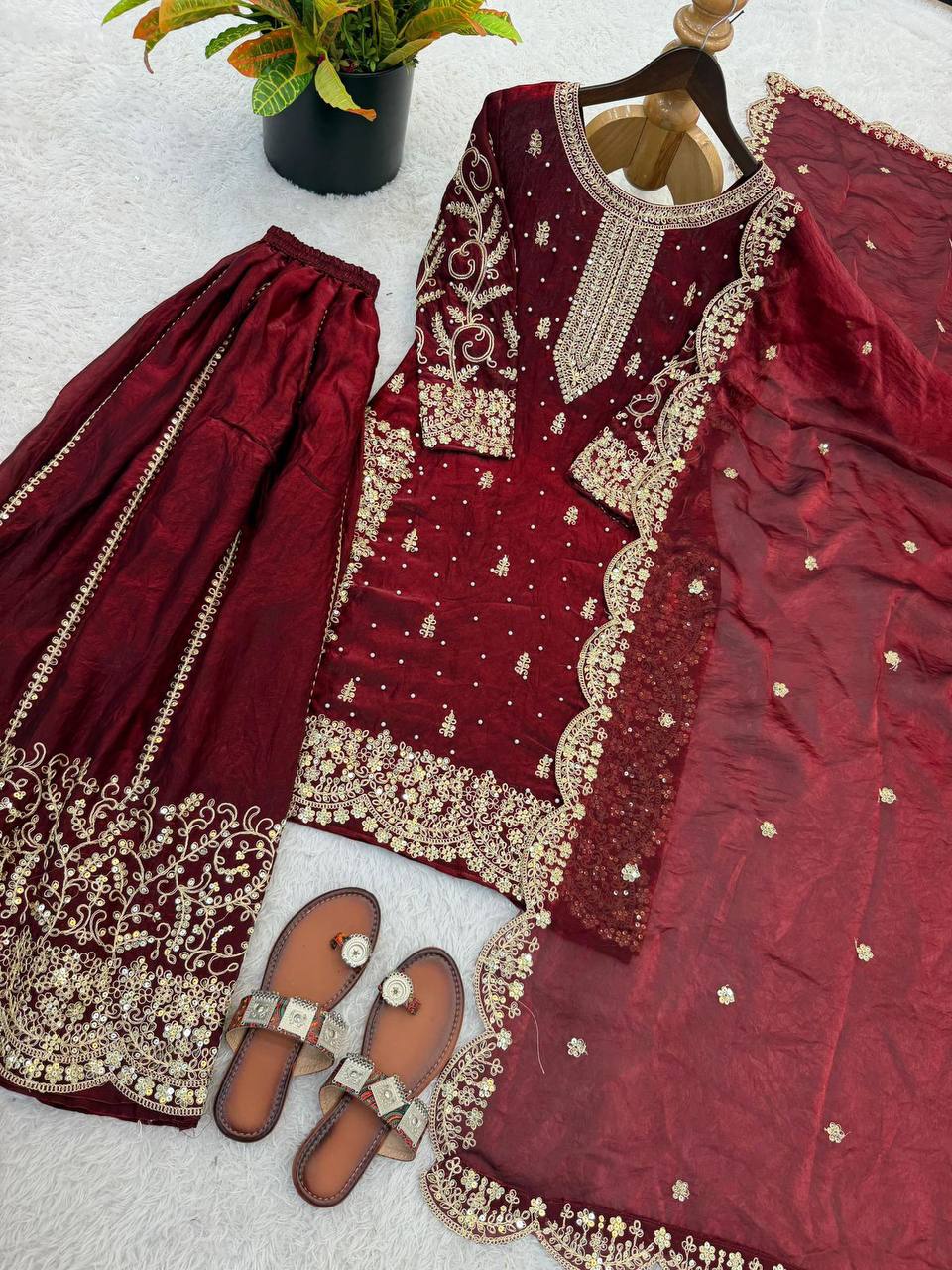 Premium Fendy Silk Ethnic Set – Embroidery Coding & Sequins Work