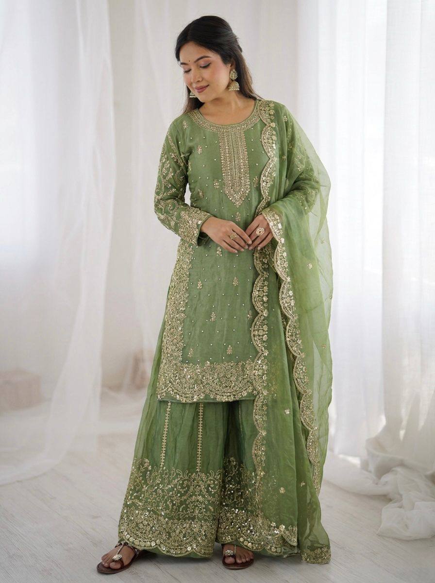 Premium Fendy Silk Ethnic Set – Embroidery Coding & Sequins Work