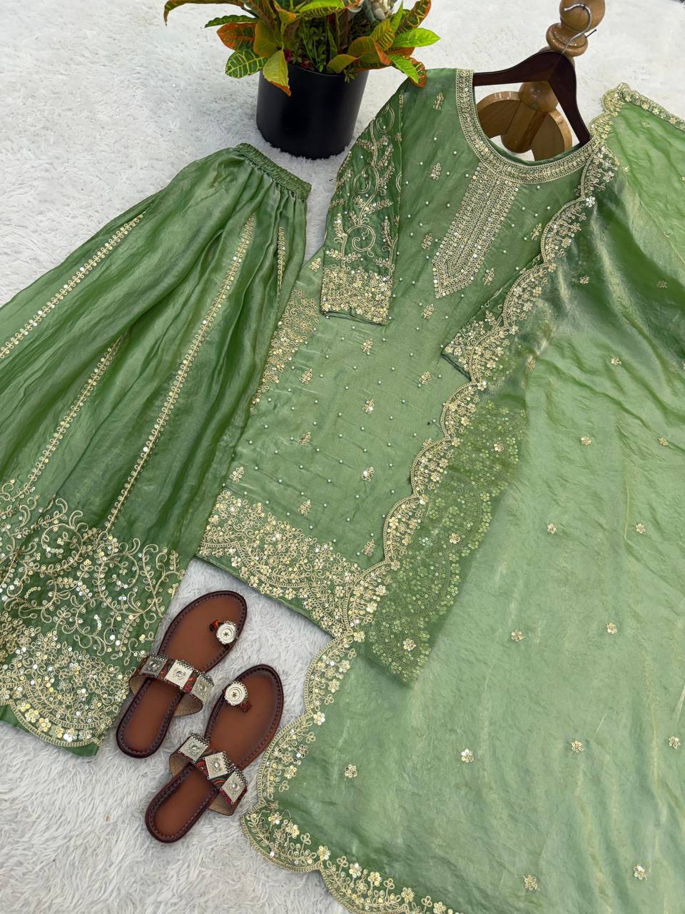 Premium Fendy Silk Ethnic Set – Embroidery Coding & Sequins Work