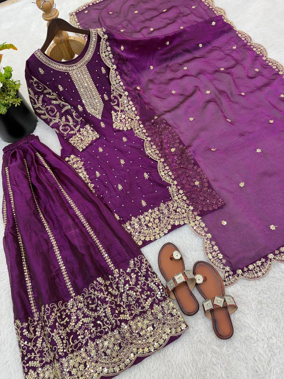Premium Fendy Silk Ethnic Set – Embroidery Coding & Sequins Work