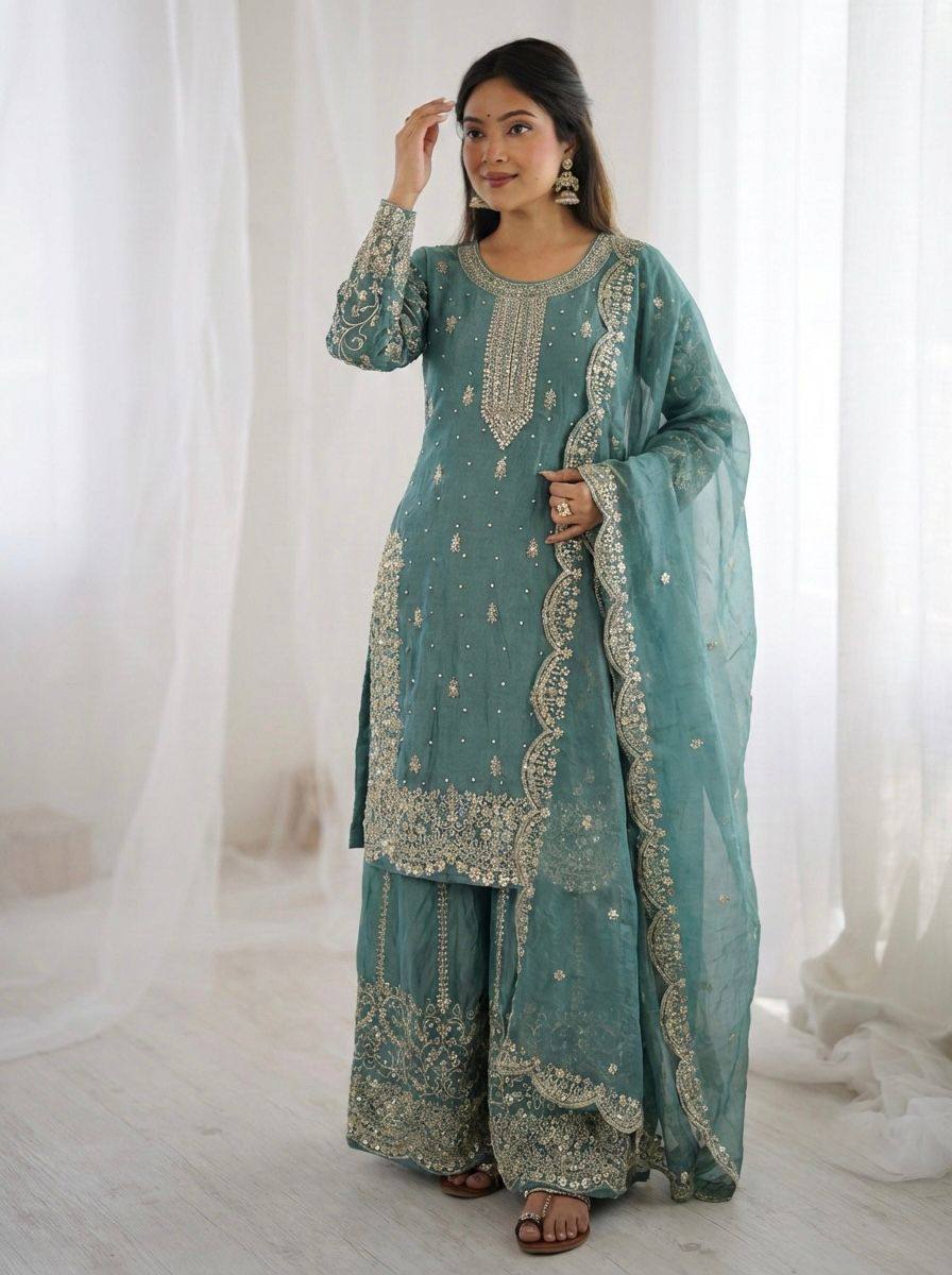 Premium Fendy Silk Ethnic Set – Embroidery Coding & Sequins Work