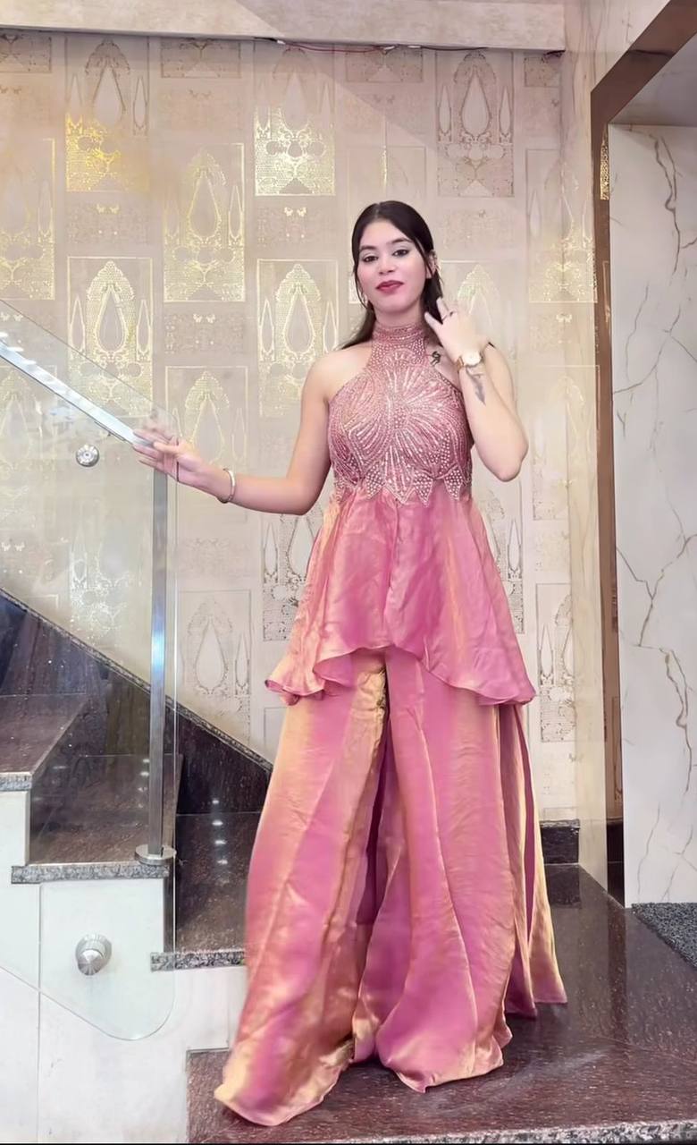 Premium Fendy Silk Top & Sharara Palazzo Set – Heavy Beads & Moti Hand Work