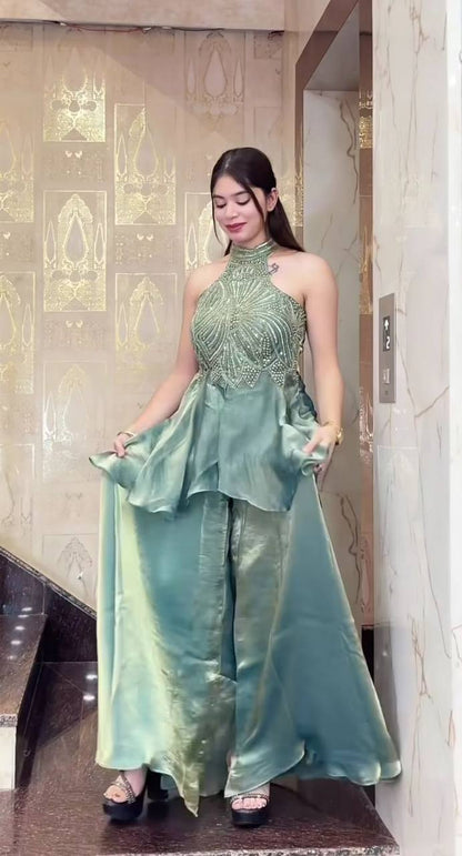 Premium Fendy Silk Top & Sharara Palazzo Set – Heavy Beads & Moti Hand Work